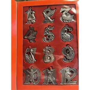 Vintage 12 days of Christmas Bon-Ton Pewter Ornaments w Red Tie Ribbon IOB